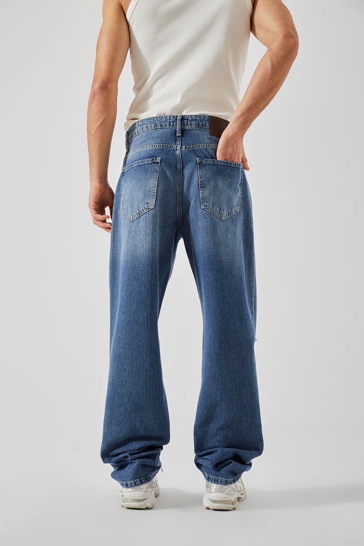 Ripped Detail Koyu Mavi Baggy Jean