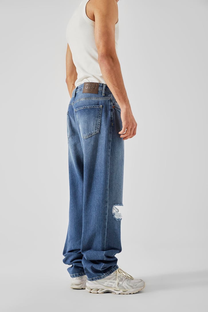 Ripped Detail Koyu Mavi Baggy Jean