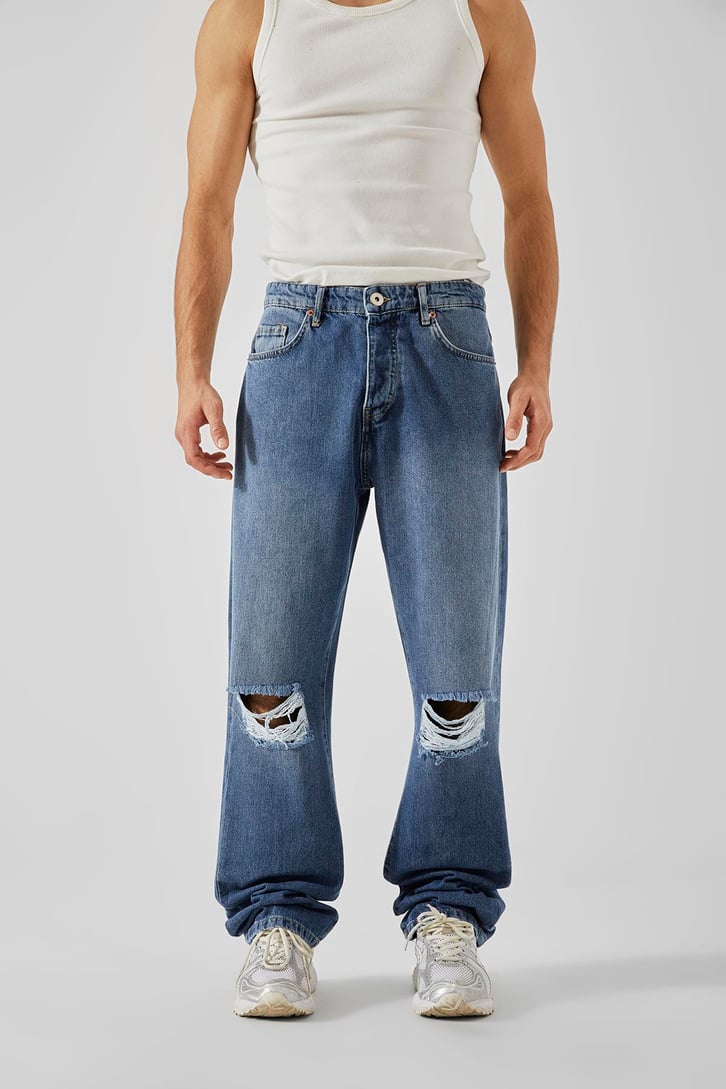 Ripped Detail Koyu Mavi Baggy Jean