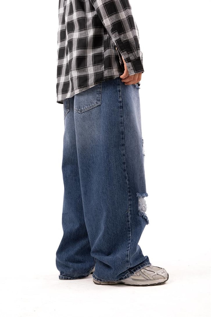 Ripped Detail Koyu Mavi Baggy Jean