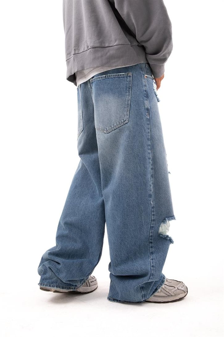 Ripped Detail Koyu Mavi Baggy Jean