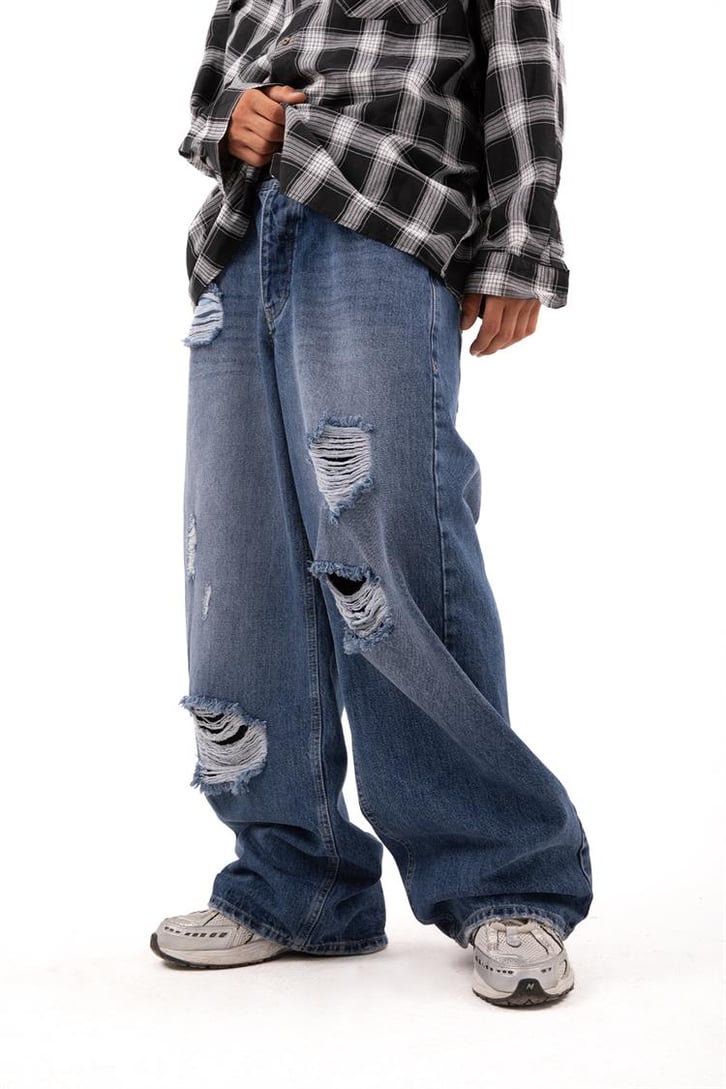 Ripped Detail Koyu Mavi Baggy Jean