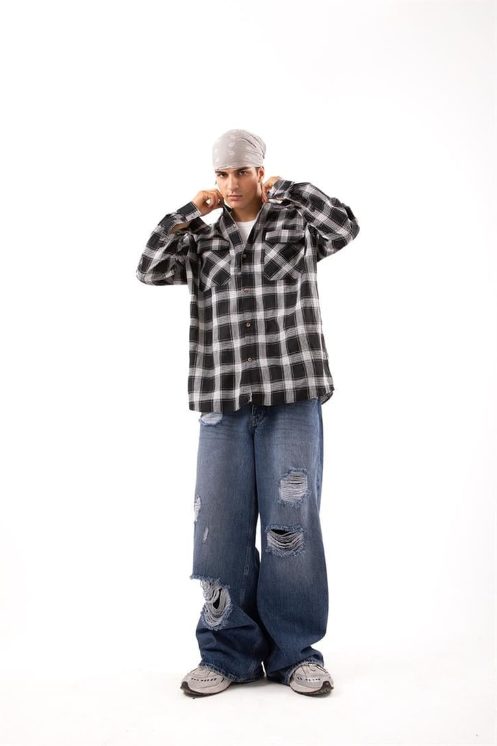 Ripped Detail Koyu Mavi Baggy Jean