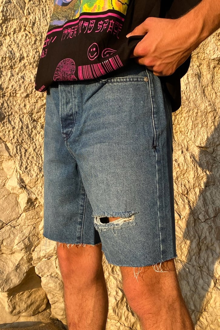 Ripped Detail Koyu Mavi Kot Şort