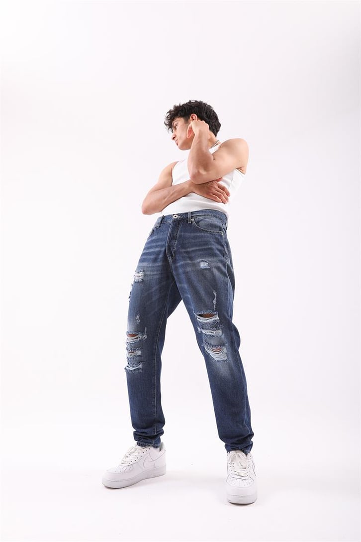 Ripped Detail Koyu Mavi Regular Fit Jean