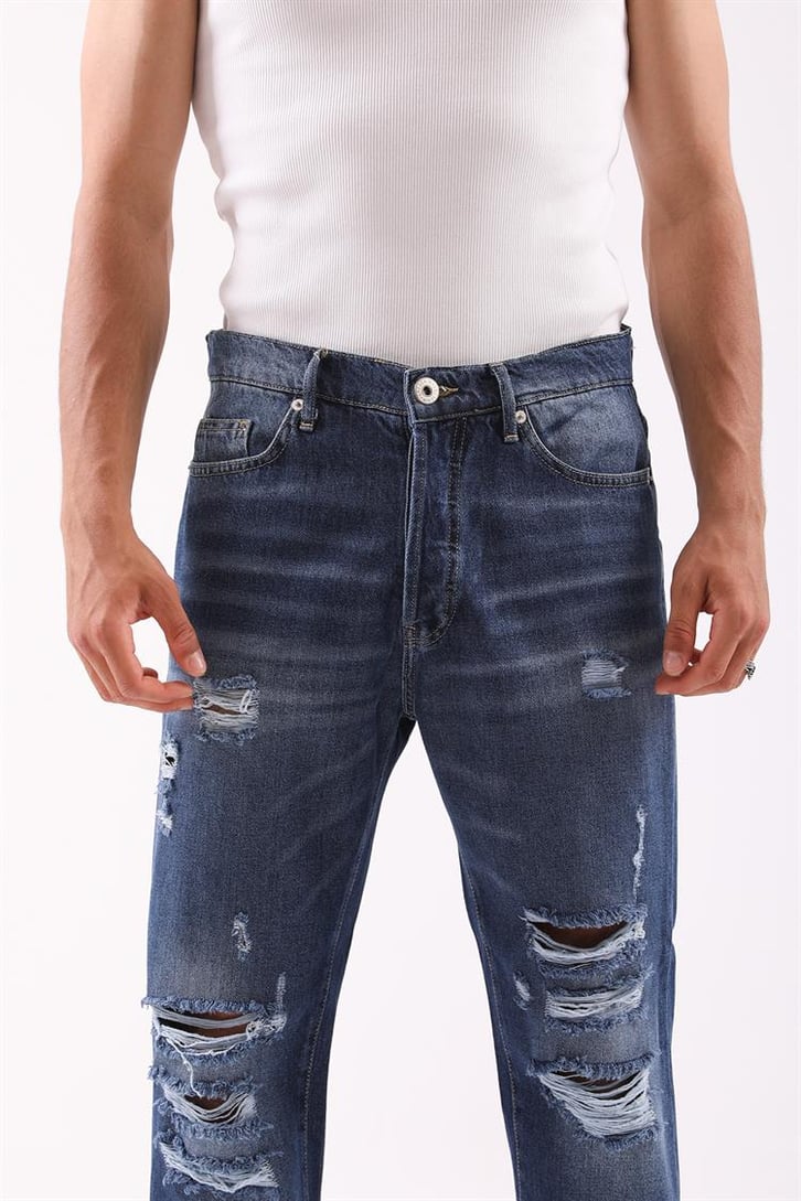 Ripped Detail Koyu Mavi Regular Fit Jean