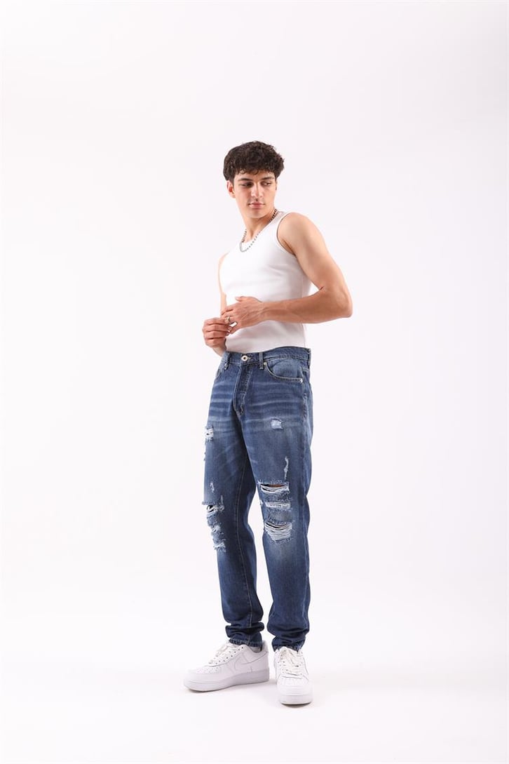 Ripped Detail Koyu Mavi Regular Fit Jean