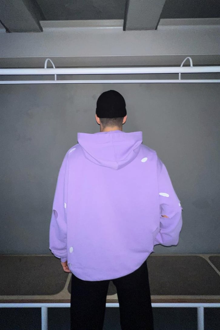 Ripped Detail Lila Oversize Hoodie