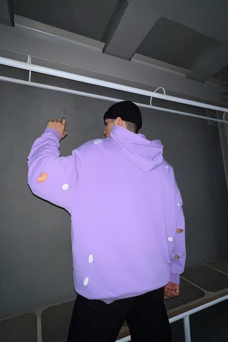 Ripped Detail Lila Oversize Hoodie