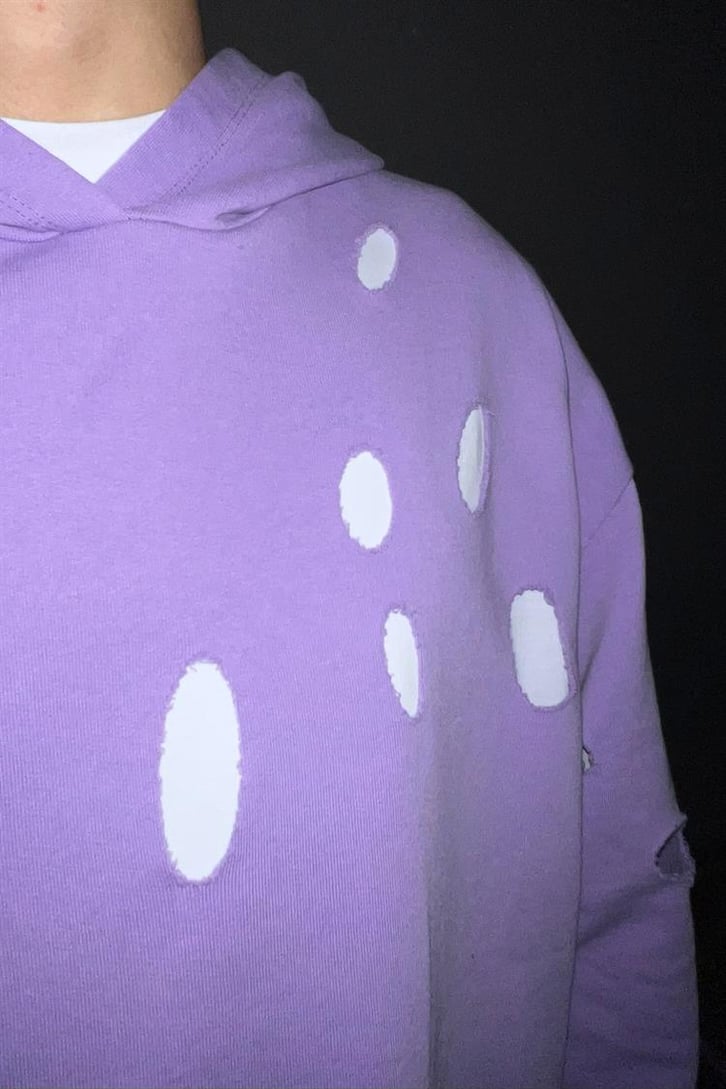Ripped Detail Lila Oversize Hoodie