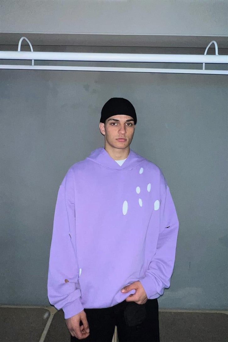 Ripped Detail Lila Oversize Hoodie