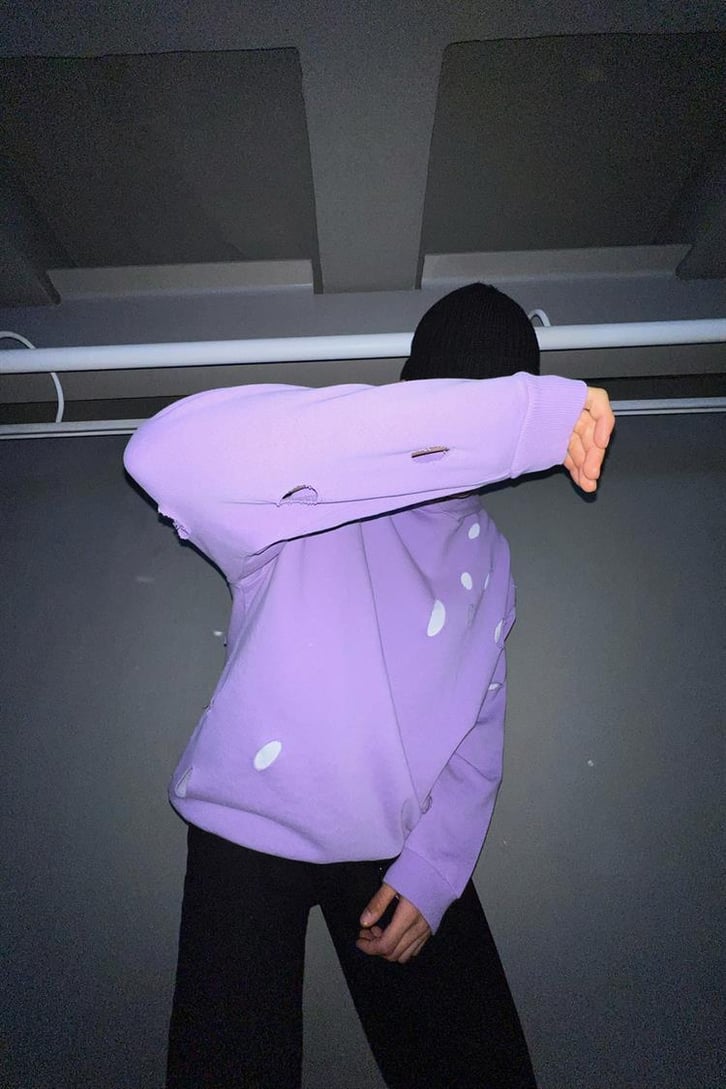 Ripped Detail Lila Oversize Hoodie