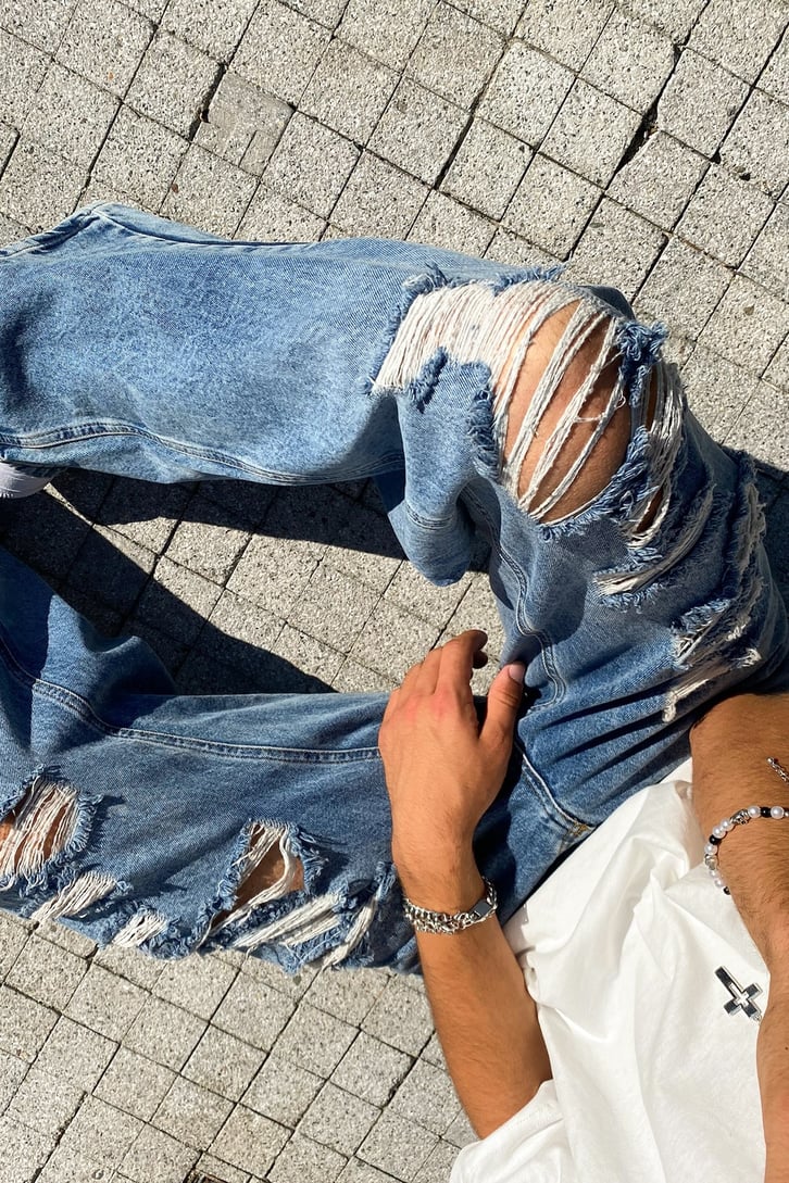 Ripped Detail Mavi Baggy Jean