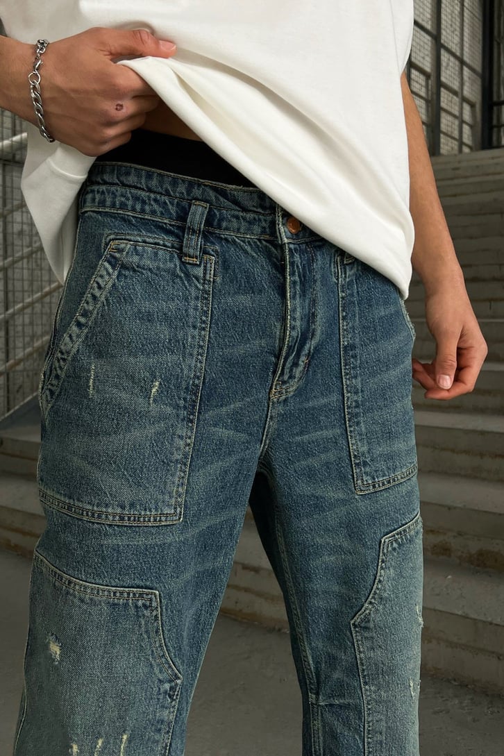 Ripped Detail Mavi Baggy Jean