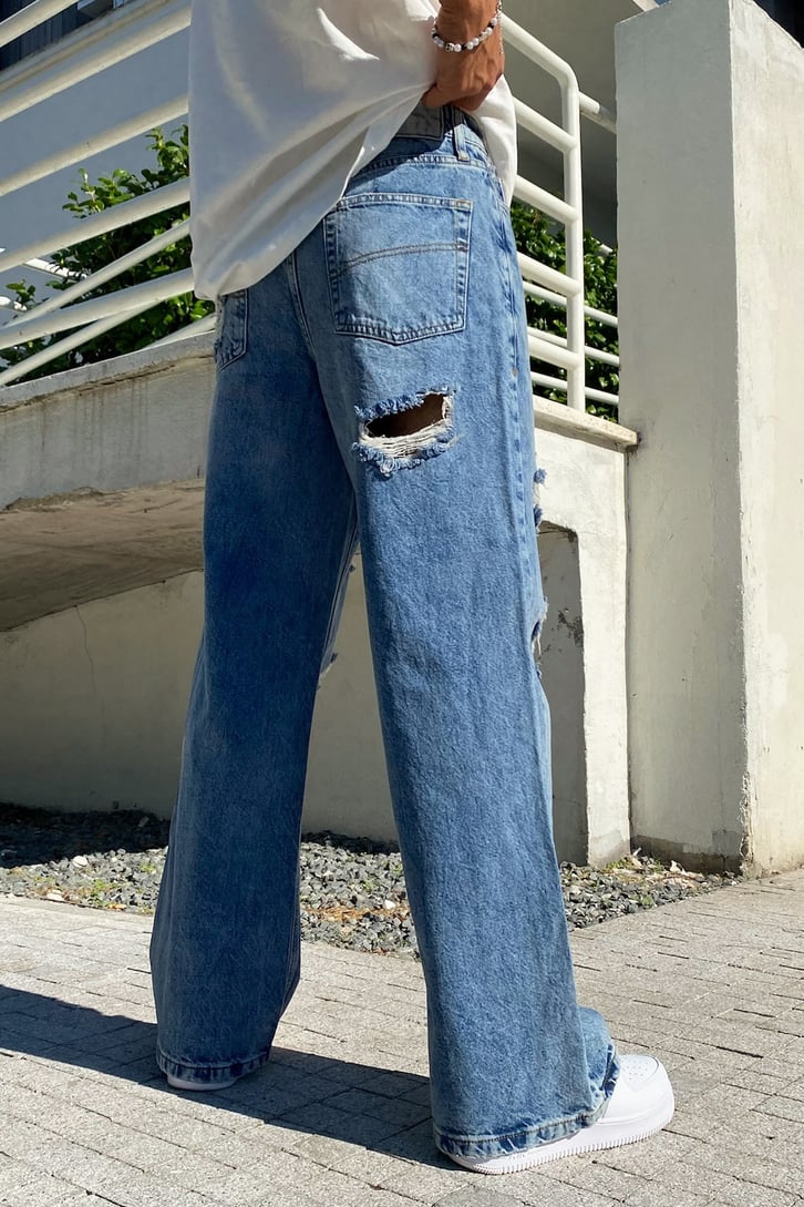 Ripped Detail Mavi Baggy Jean