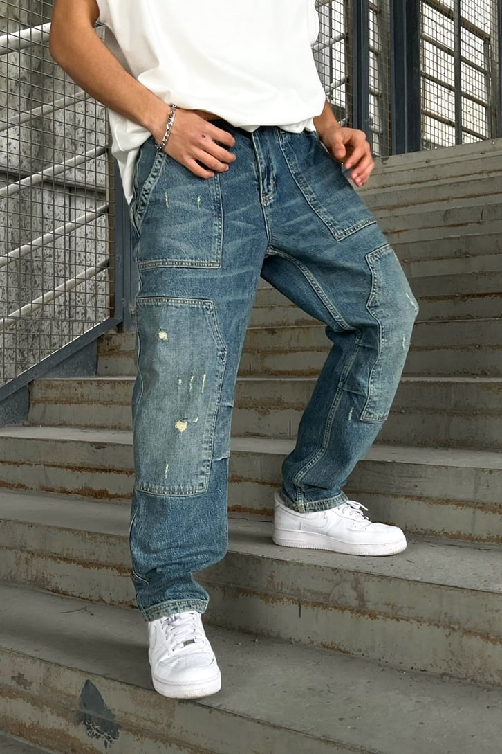 Ripped Detail Mavi Baggy Jean