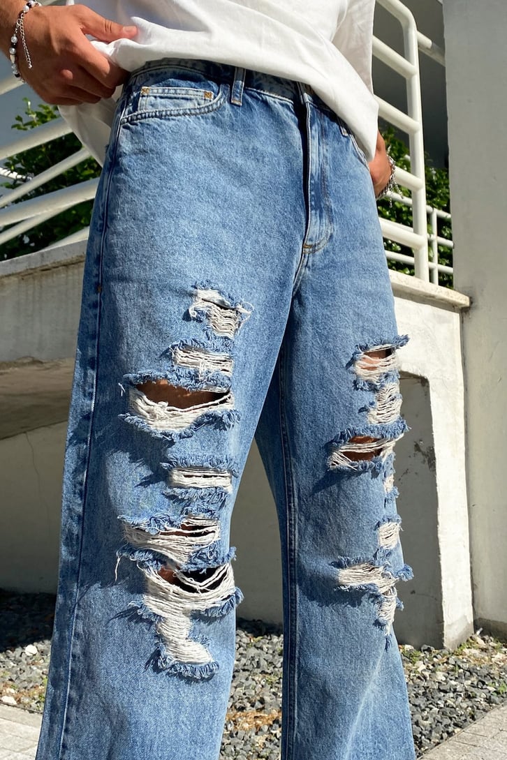 Ripped Detail Mavi Baggy Jean