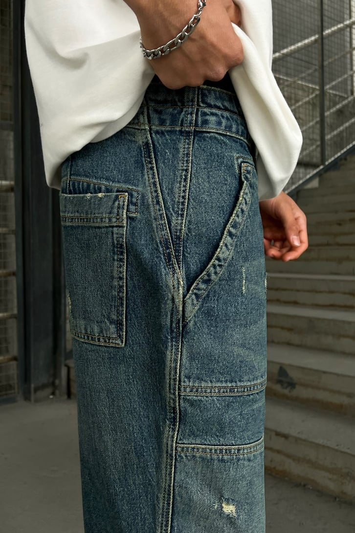 Ripped Detail Mavi Baggy Jean