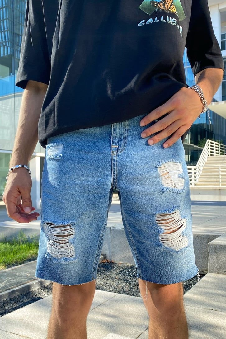 Ripped Detail Mavi Kot Şort
