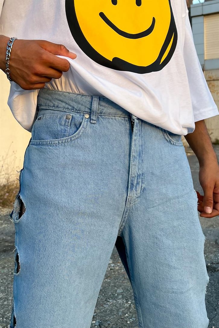Ripped Detail Mavi Parçalı Baggy Jean