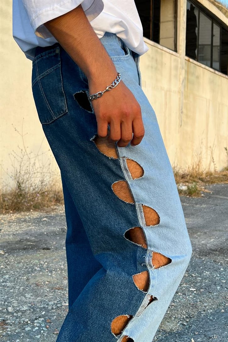 Ripped Detail Mavi Parçalı Baggy Jean