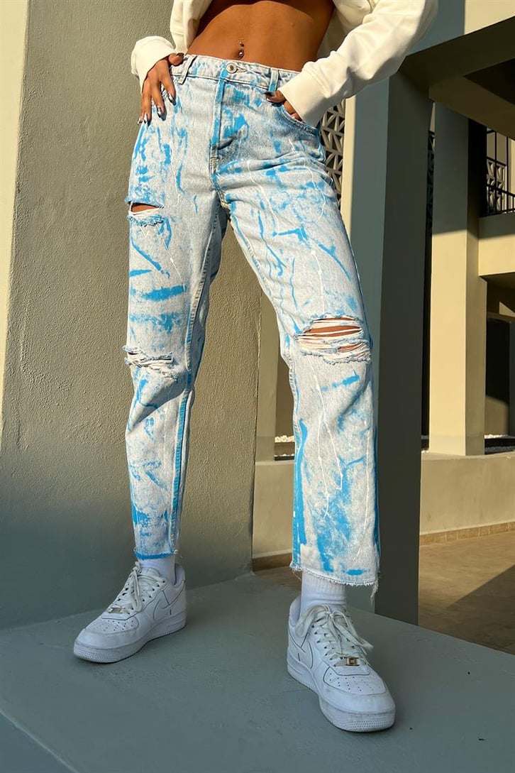 Ripped Detail Painted Mavi Mom Fit Jean