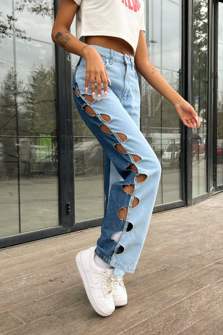 Ripped Detail Parçalı Mavi Baggy Jean