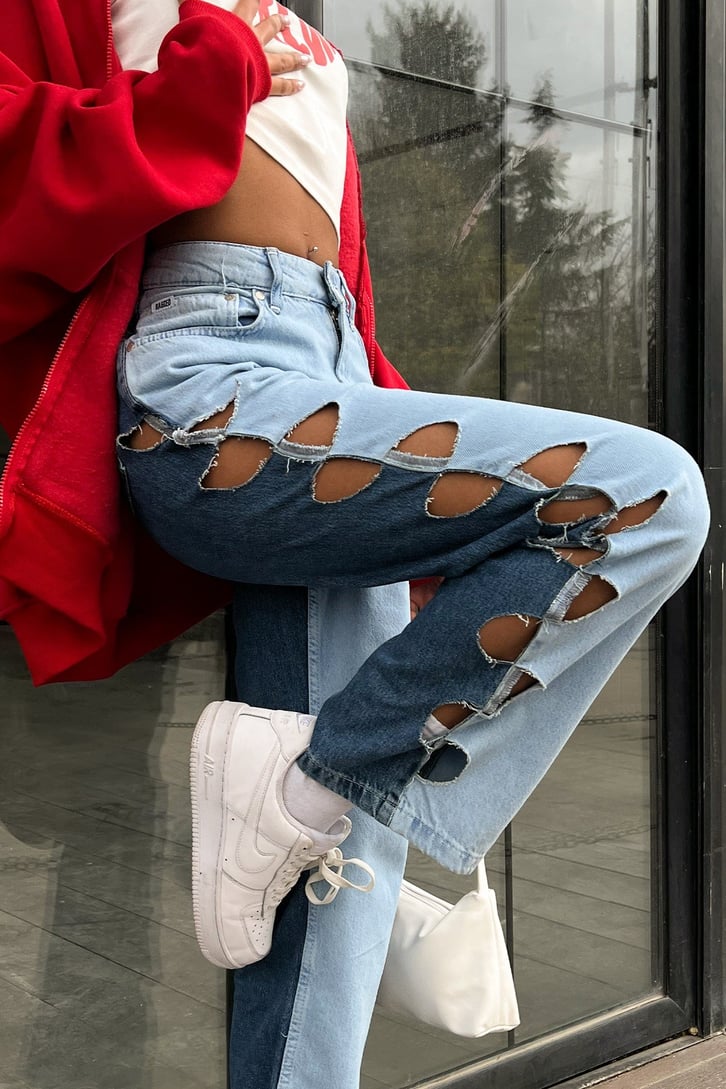 Ripped Detail Parçalı Mavi Baggy Jean