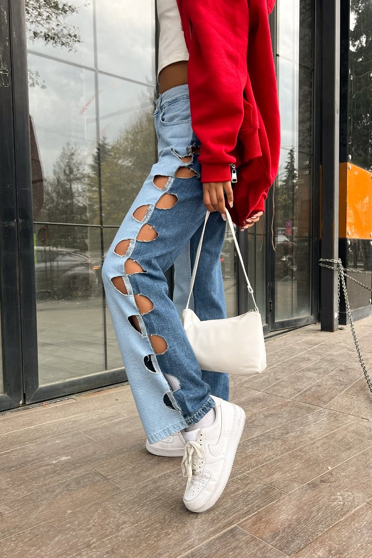 Ripped Detail Parçalı Mavi Baggy Jean