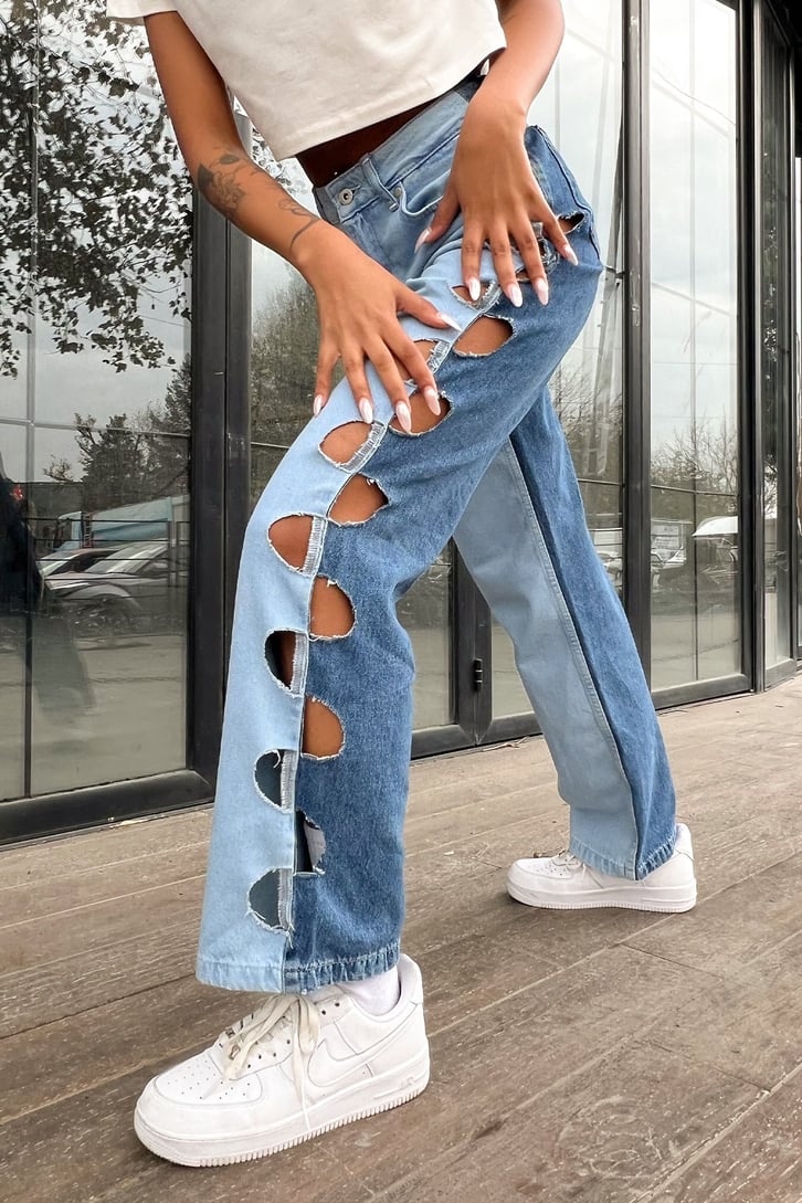 Ripped Detail Parçalı Mavi Baggy Jean