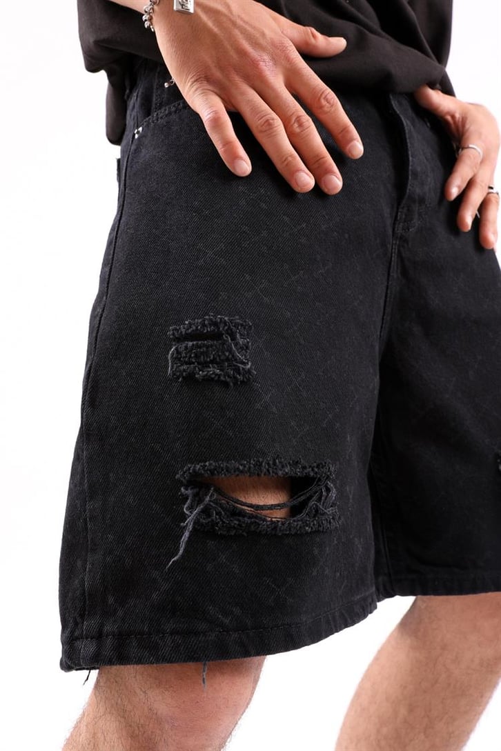 Ripped Detail Siyah Jean Şort