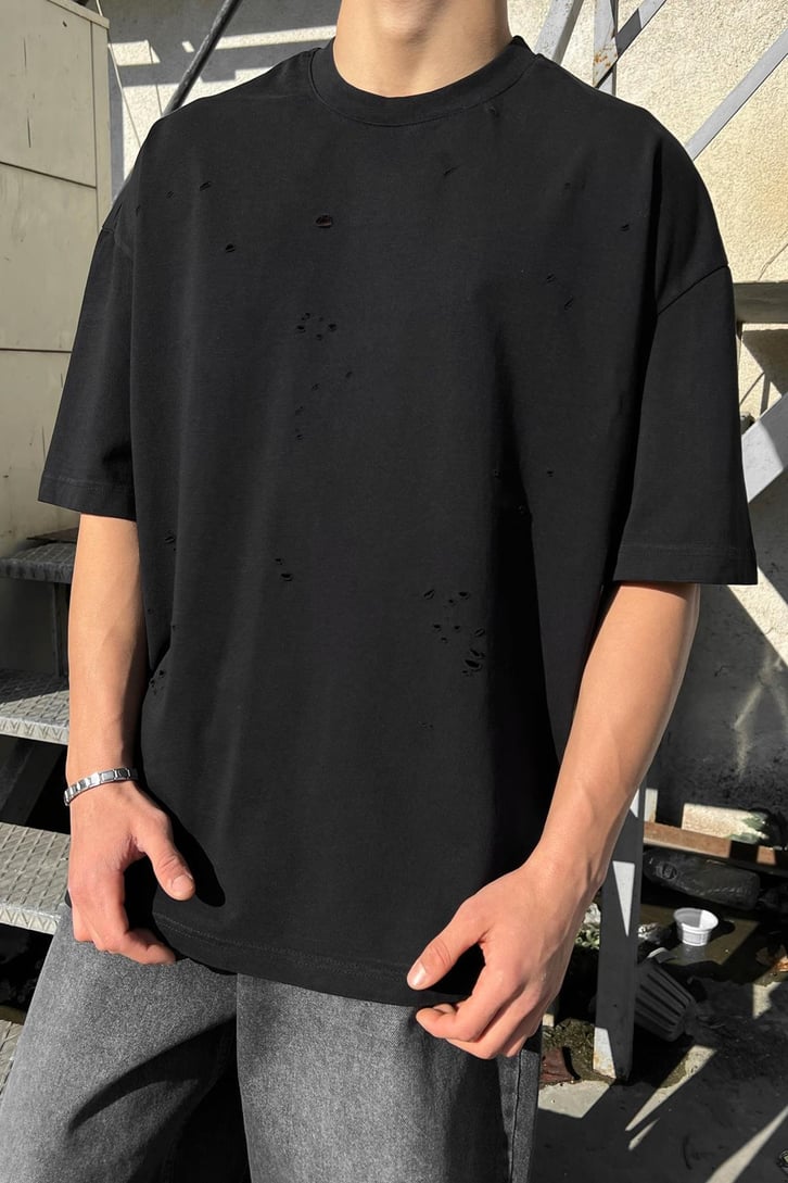 Ripped Gri Oversize Tişört