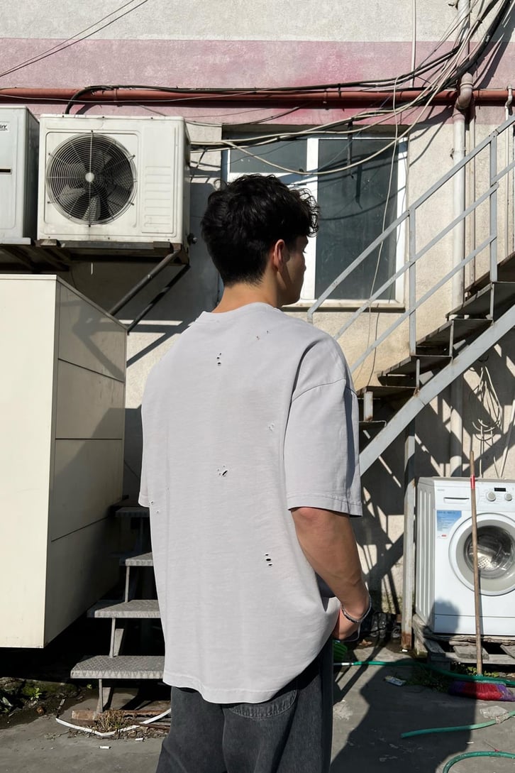 Ripped Gri Oversize Tişört