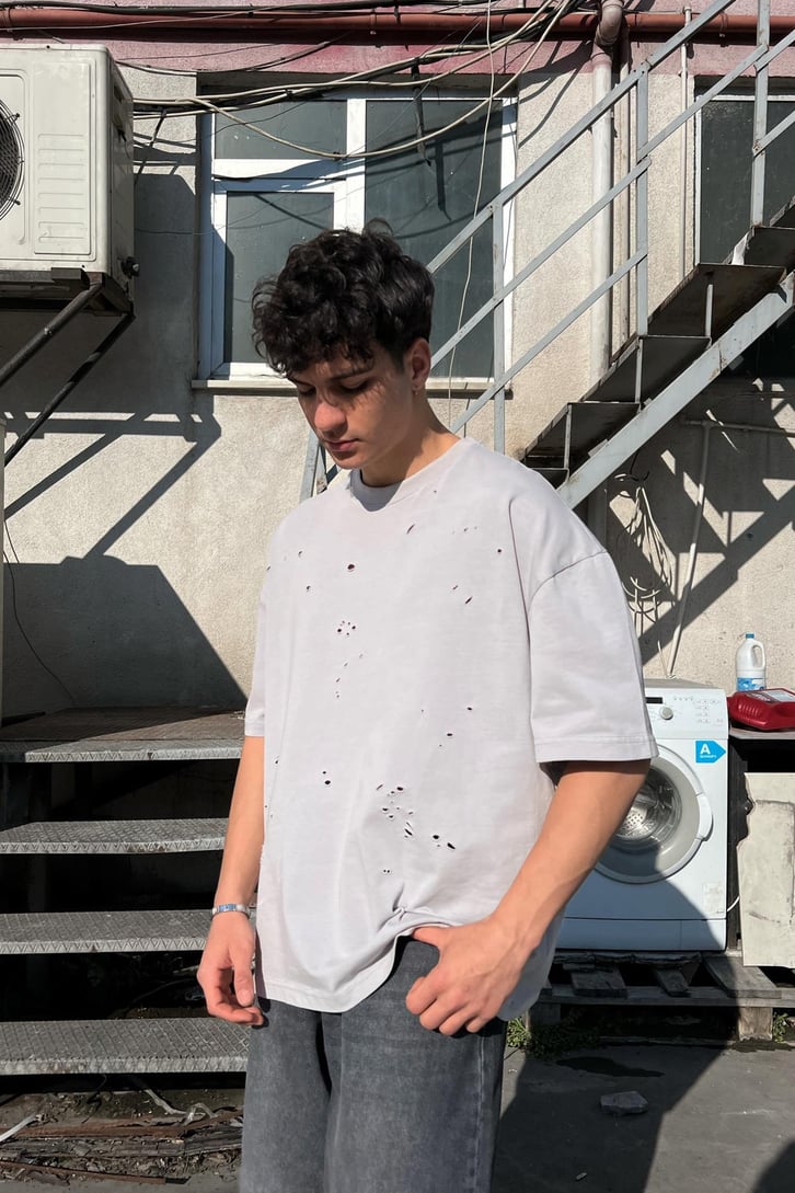 Ripped Gri Oversize Tişört