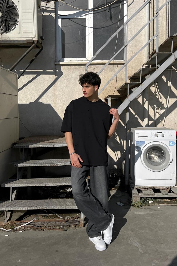 Ripped Gri Oversize Tişört