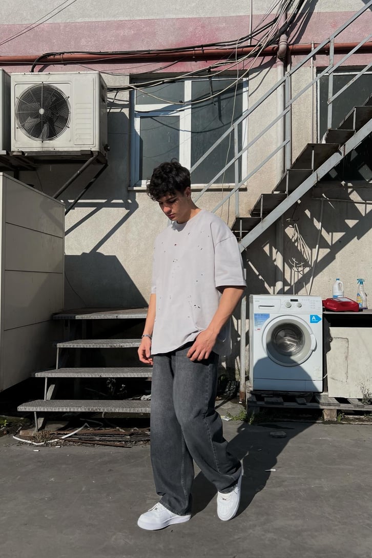Ripped Gri Oversize Tişört
