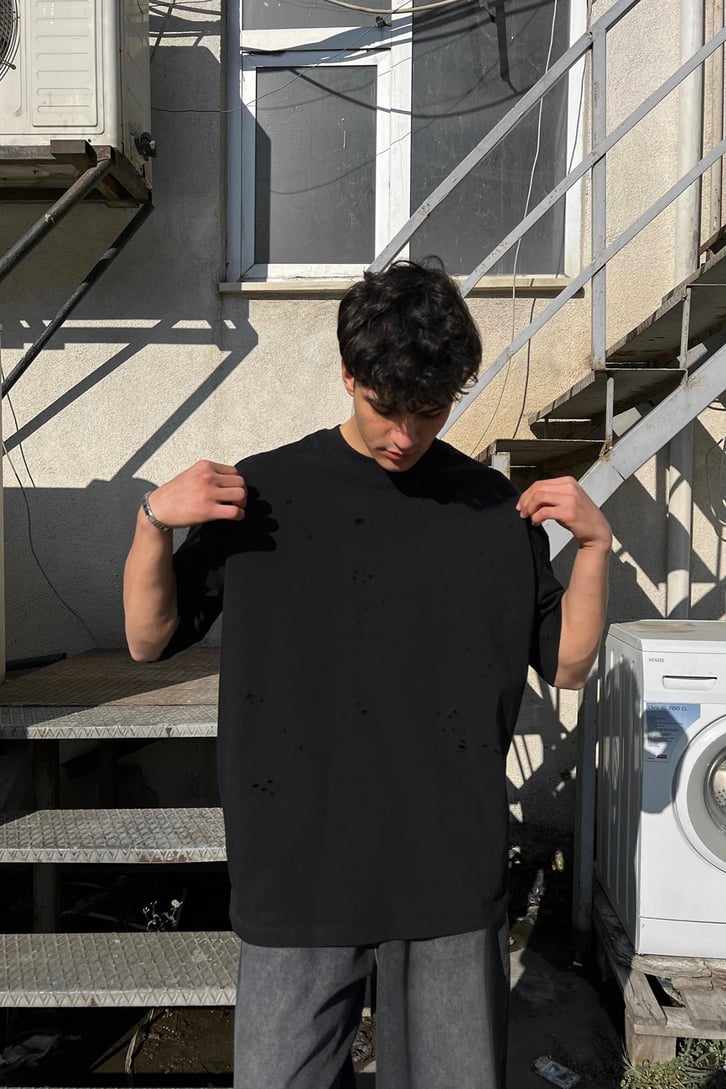 Ripped Gri Oversize Tişört