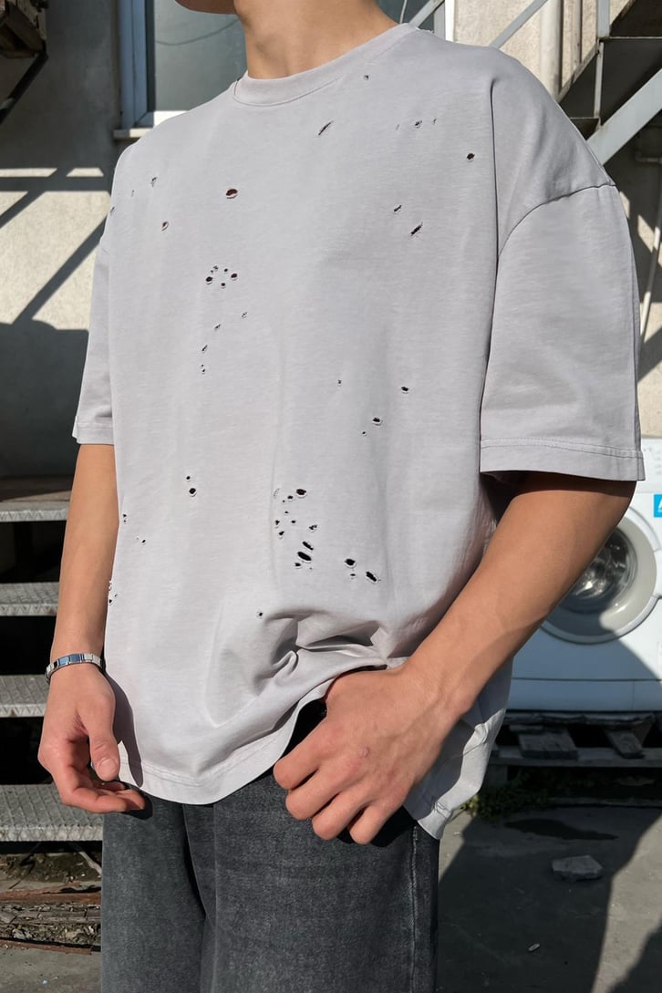 Ripped Gri Oversize Tişört