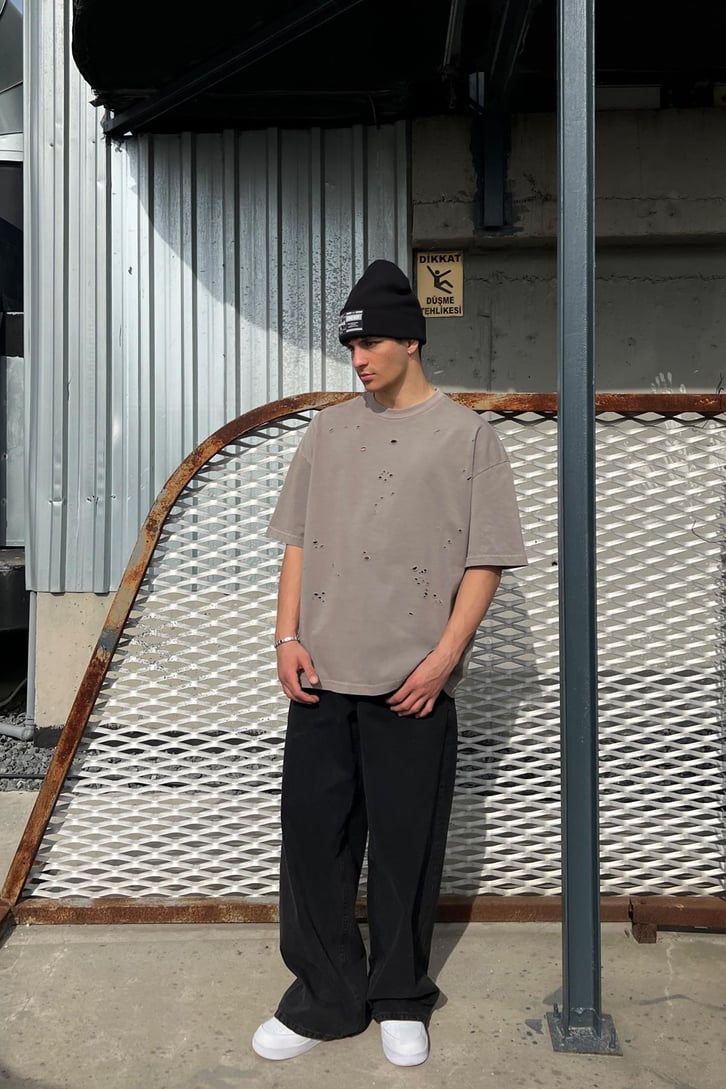 Ripped Haki Oversize Tişört