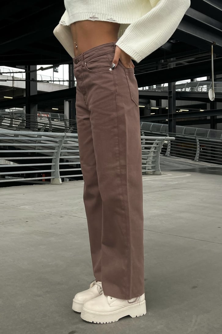 Ripped Leg Kahverengi Baggy Jean