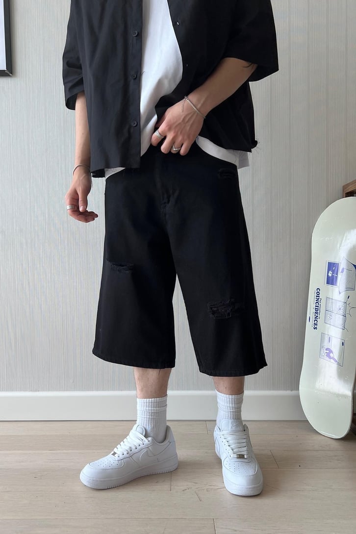 Ripped Siyah Baggy Şort