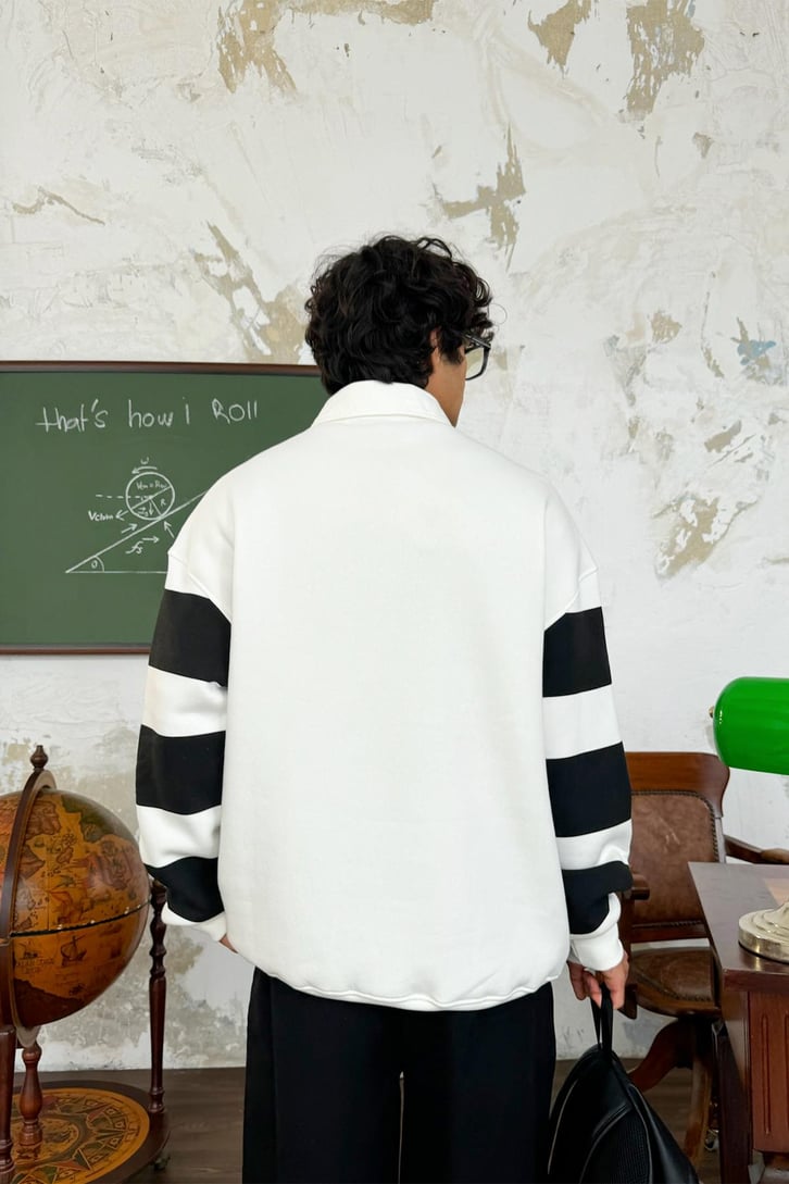 Rise Again Nakışlı Çizgili Polo Yaka Sweatshirt