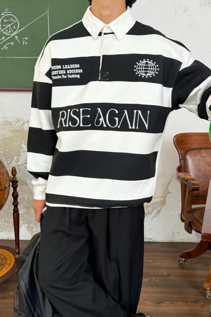 Rise Again Nakışlı Çizgili Polo Yaka Sweatshirt