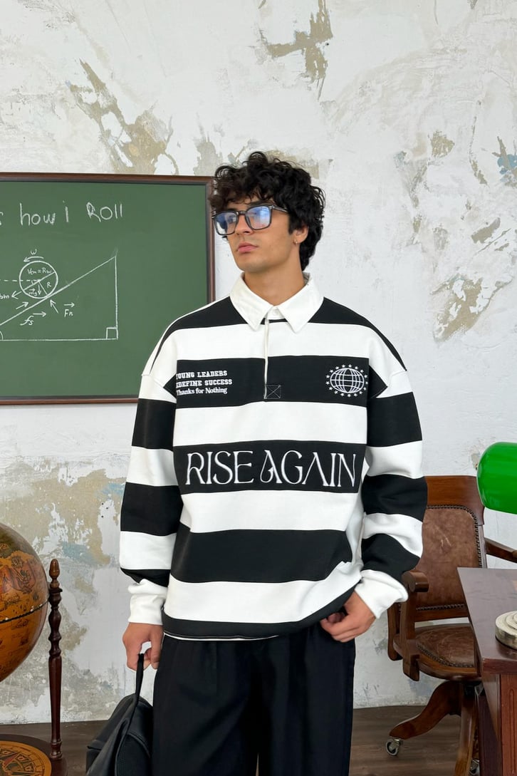 Rise Again Nakışlı Çizgili Polo Yaka Sweatshirt