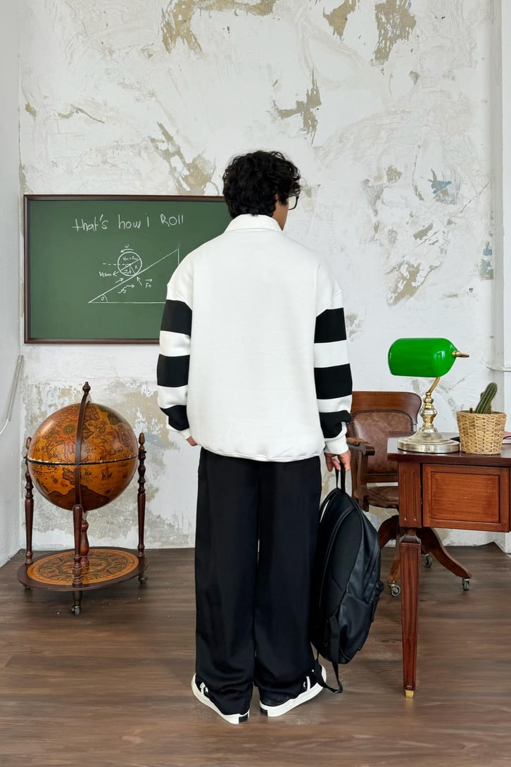 Rise Again Nakışlı Çizgili Polo Yaka Sweatshirt