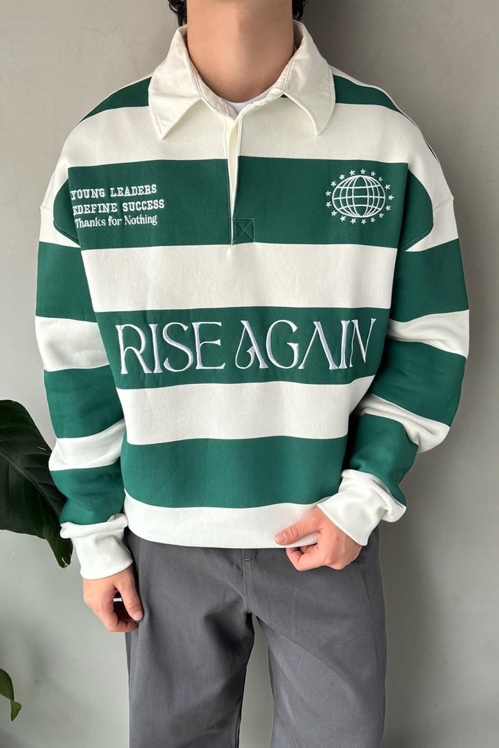 Rise Again Nakışlı Çizgili Polo Yaka Sweatshirt