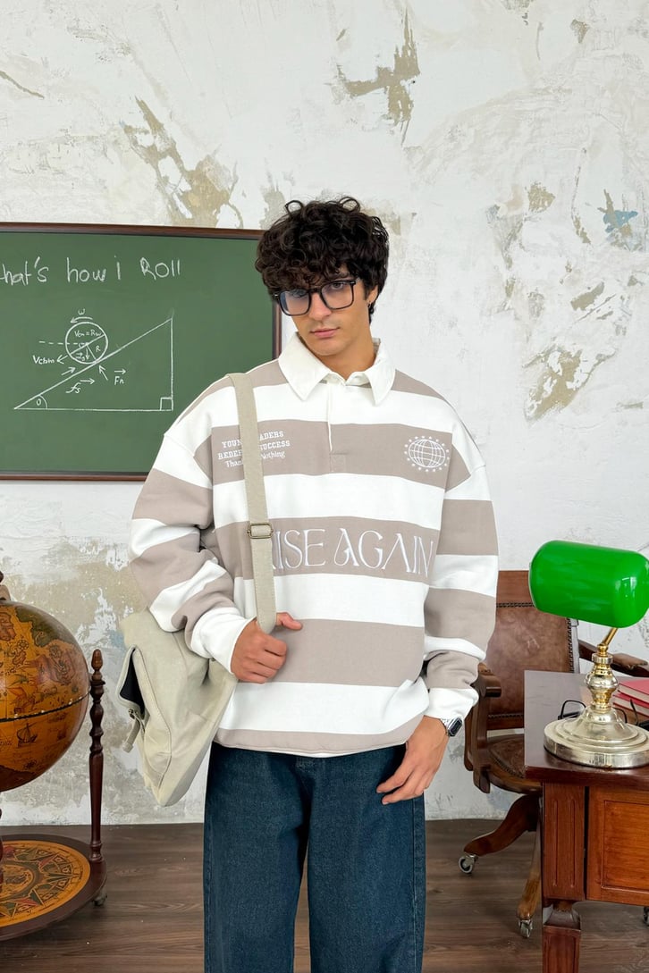 Rise Again Nakışlı Çizgili Polo Yaka Sweatshirt