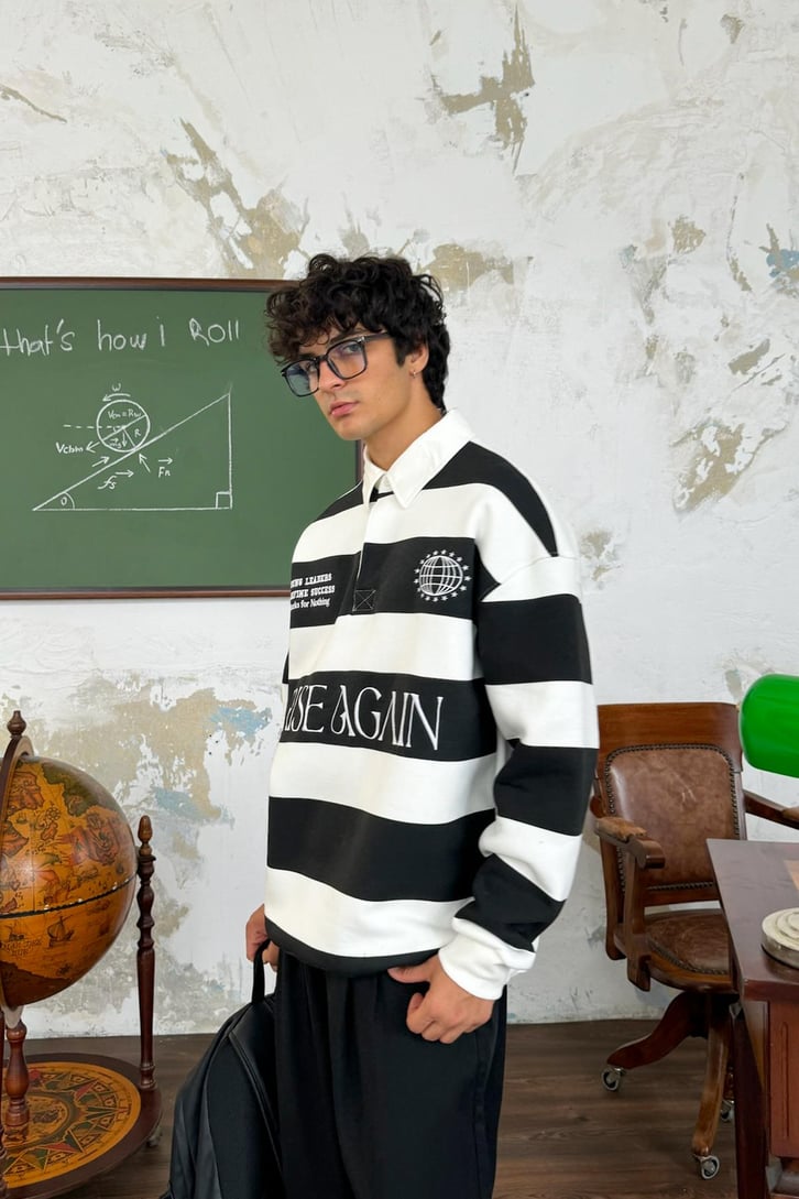 Rise Again Nakışlı Çizgili Polo Yaka Sweatshirt