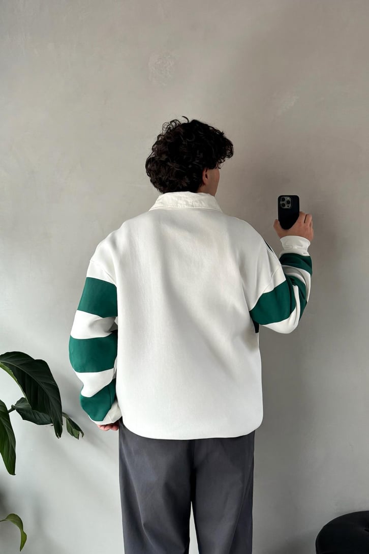 Rise Again Nakışlı Çizgili Polo Yaka Sweatshirt