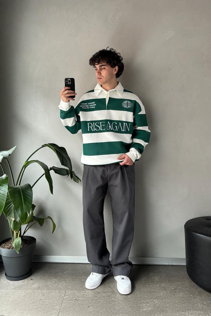 Rise Again Nakışlı Çizgili Polo Yaka Sweatshirt